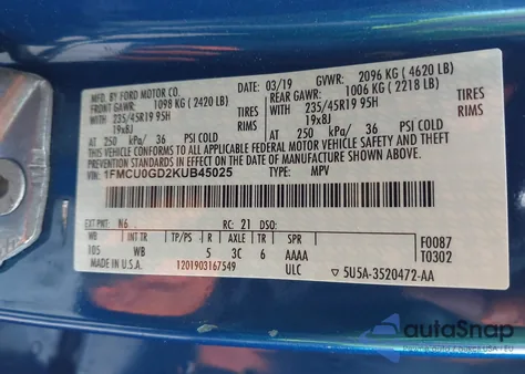 2019 Ford Escape Se from USA, damaged, VIN 1FMCU0GD2KUB45025